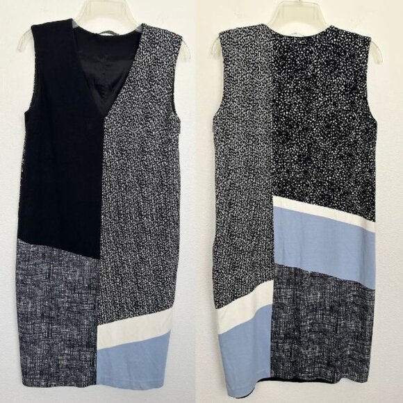 MaxMara Sheath Patchwork Dress V-Neck Workwear Black Blue Size 8 Made in Italy - Picture 1 of 9
